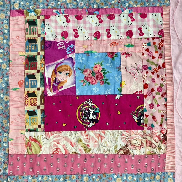 OOAK Hand Made Toddler Size Quilt Strawberry Shortcake Florals Hello Kitty Elsa - Picture 3 of 12